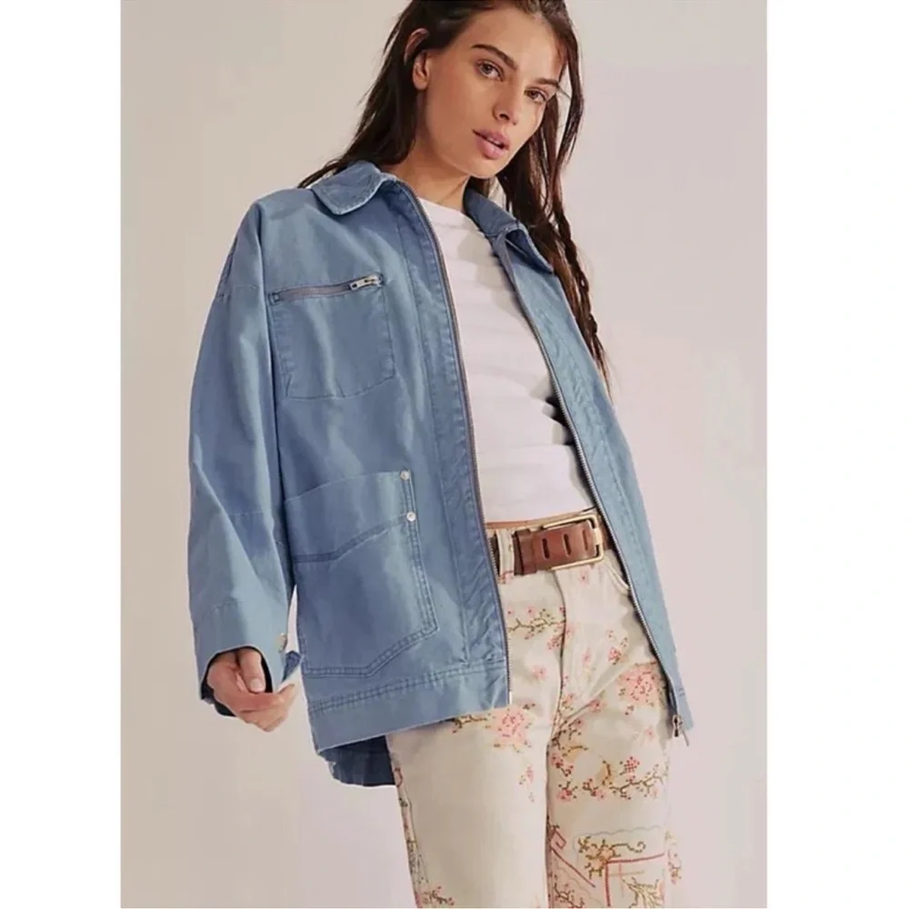 Free People Oversized Cotton Chore Jacket Light Blue XS